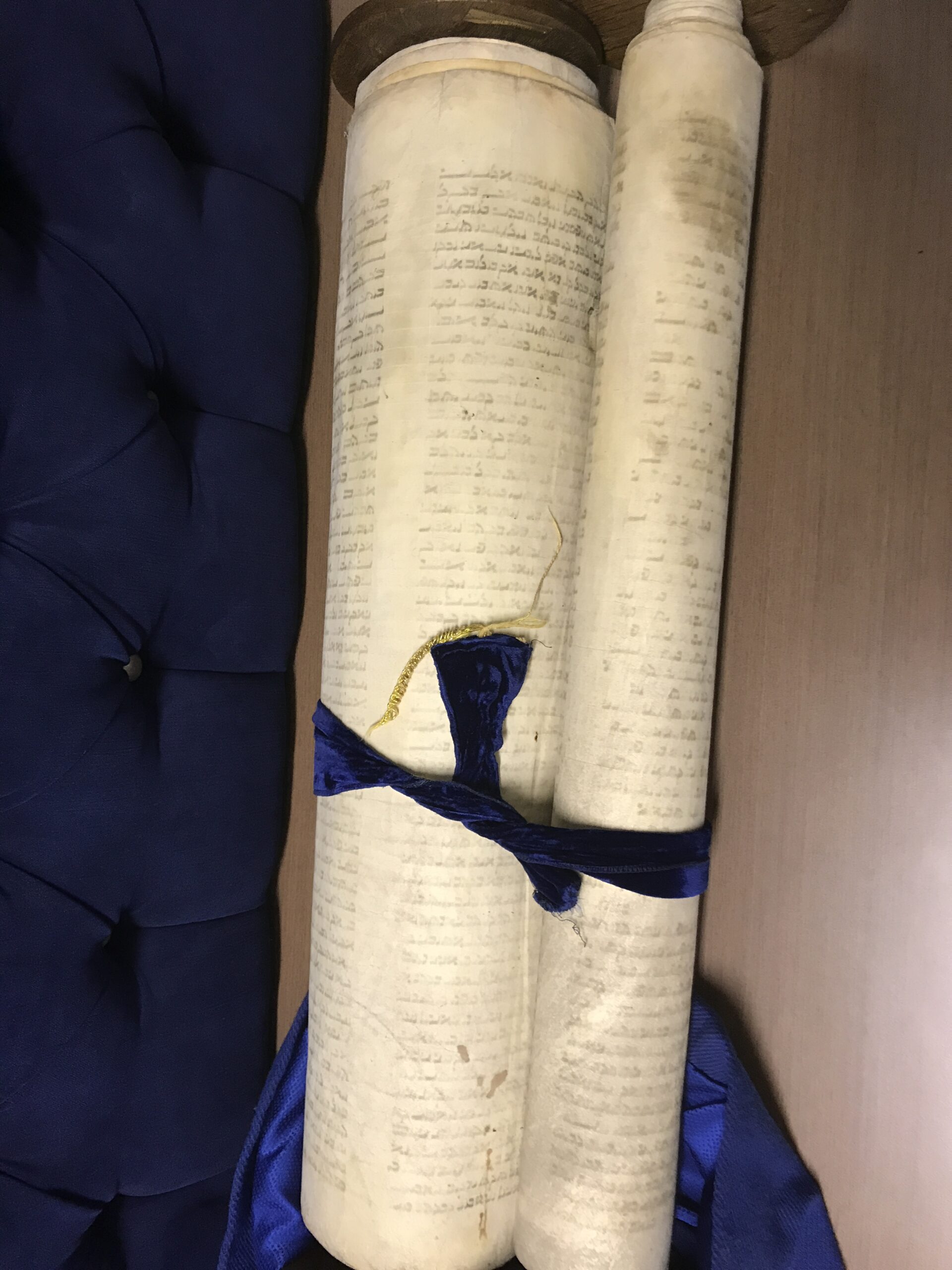 photo: rescued czech torah 555 now in the beit hamidrash at meyer preparatory