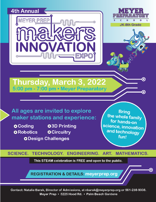 flyer for meyer prep 4th annual makers innovation expo on thursday, march 3, 2022 at 5:00 pm